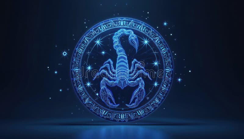 Neon Blue Scorpio Zodiac Symbol Glows on Dark Background. Astrology Wheel  with Stars, Constellations Shines Brightly Stock Illustration -  Illustration of zodiac, astrology: 424259991