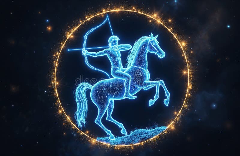 Blue Glowing Sagittarius Zodiac Sign in Deep Space. Archer Rides Powerful  Horse with Bow, Arrow. Cosmic Galaxy Background with Stock Illustration -  Illustration of sign, glow: 413720295